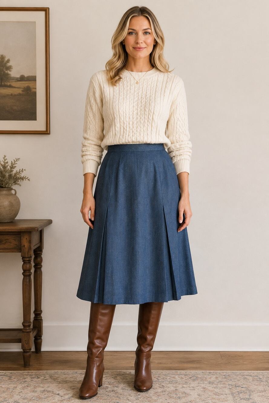 Vintage L.L.Bean Wool Mohair Pleated Midi Skirt Blue Made in England Classic